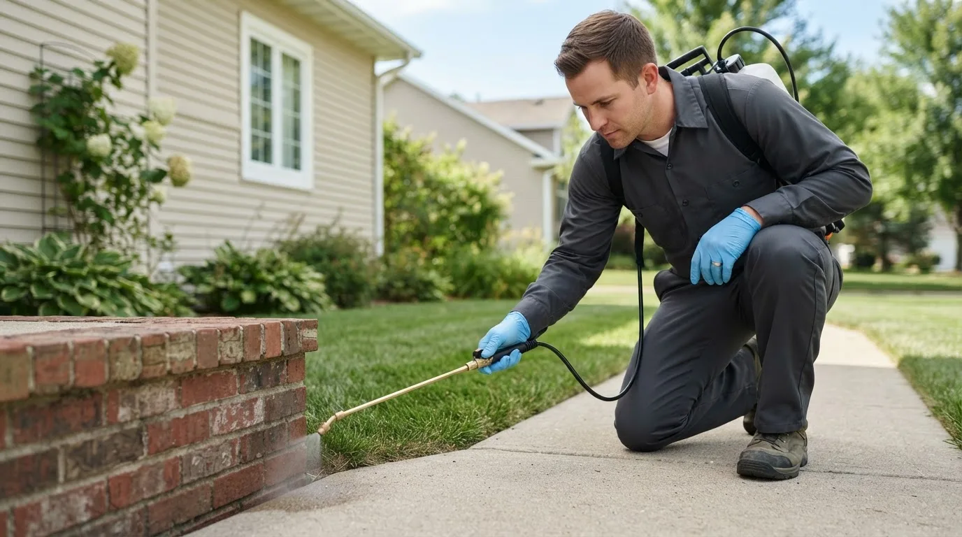 Pest control technician treating a home near Westons Mills, NY